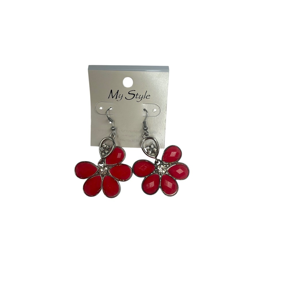 My Style Red Floral Drop Earrings Silver Tone Rhinestone Accents Flower Dangle